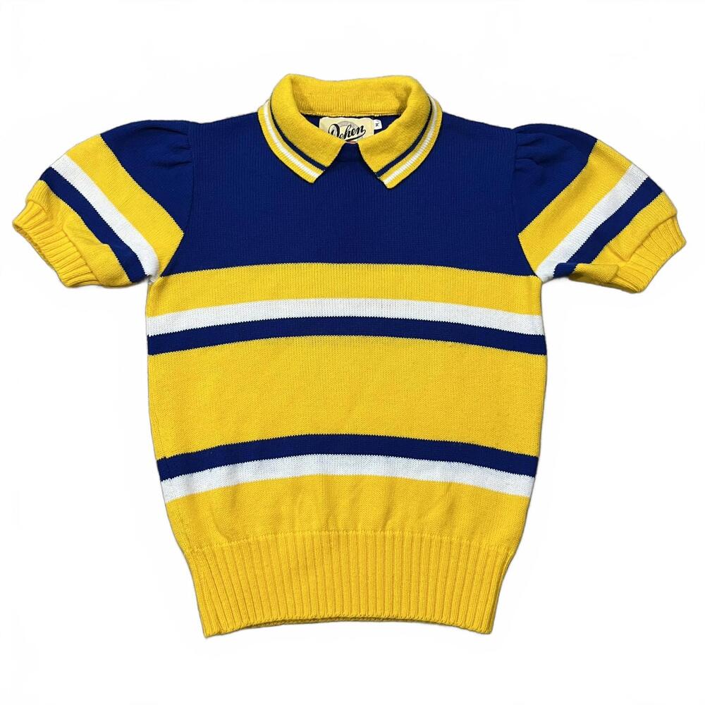 Vintage Dehen Womens Yellow/Blue Knit Sweater Short Sleeve  Size Medium